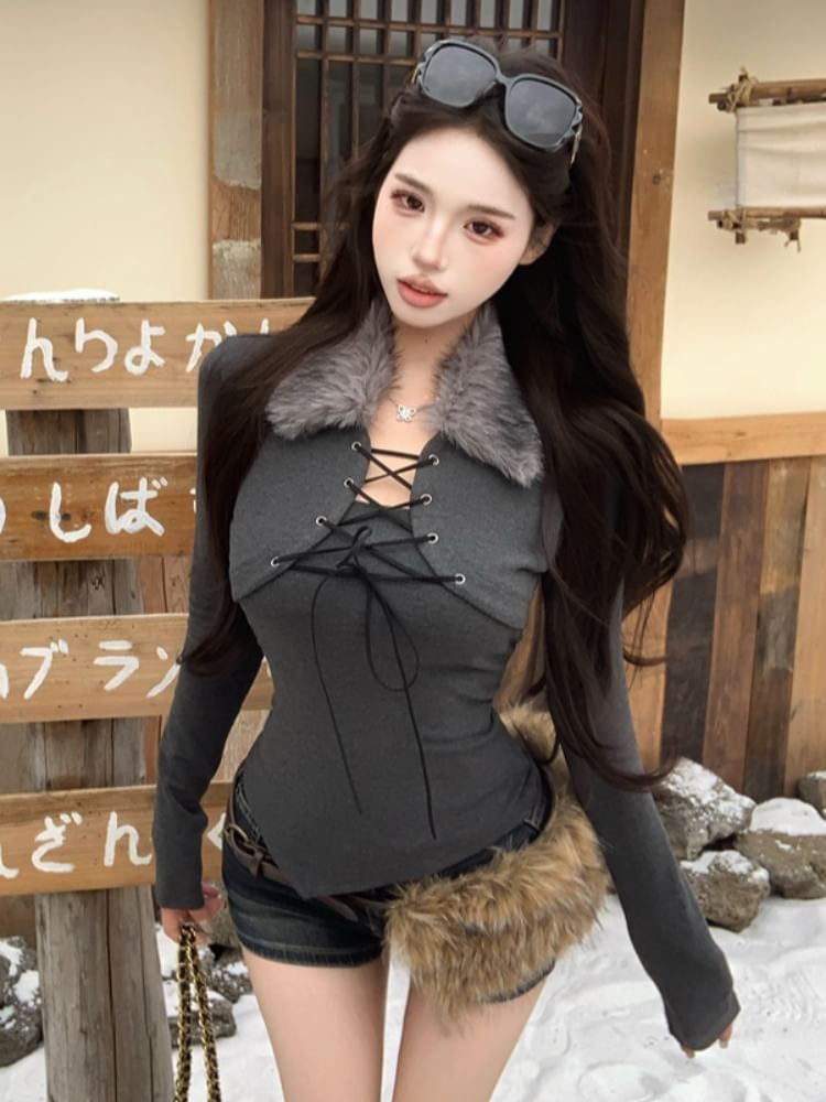 Faux Fur Collar Long Sleeve Mock Two-Piece Lace Top