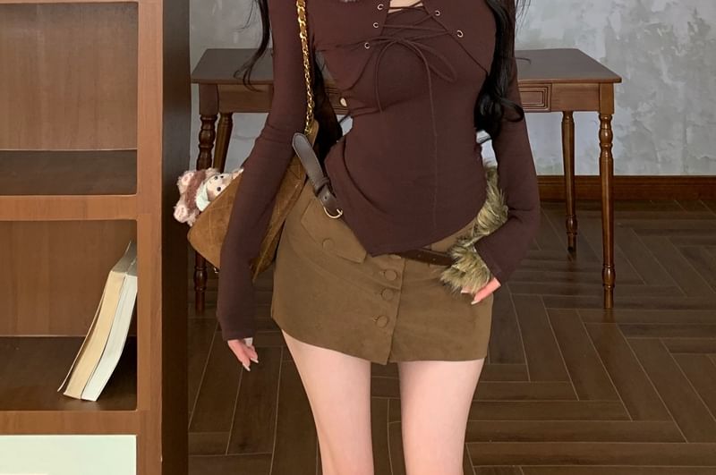 Faux Fur Collar Long Sleeve Mock Two-Piece Lace Top