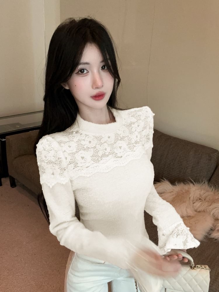 Mock Neck Long Sleeve Beaded Lace Knit Top