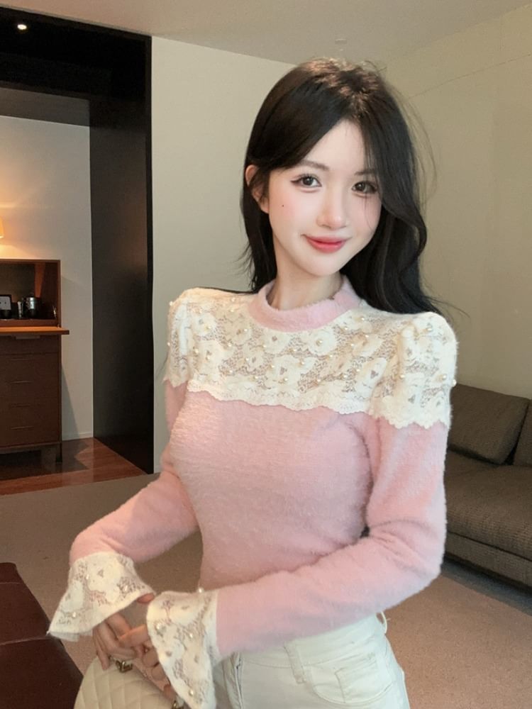 Mock Neck Long Sleeve Beaded Lace Knit Top