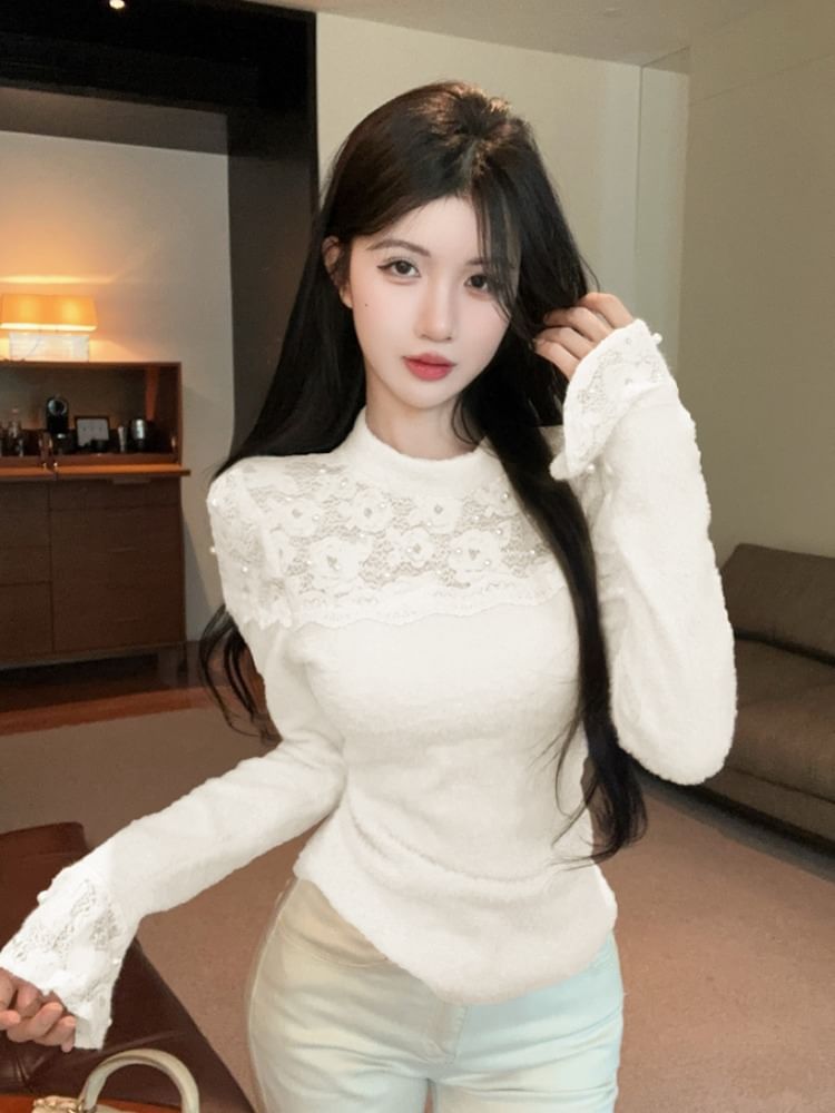 Mock Neck Long Sleeve Beaded Lace Knit Top