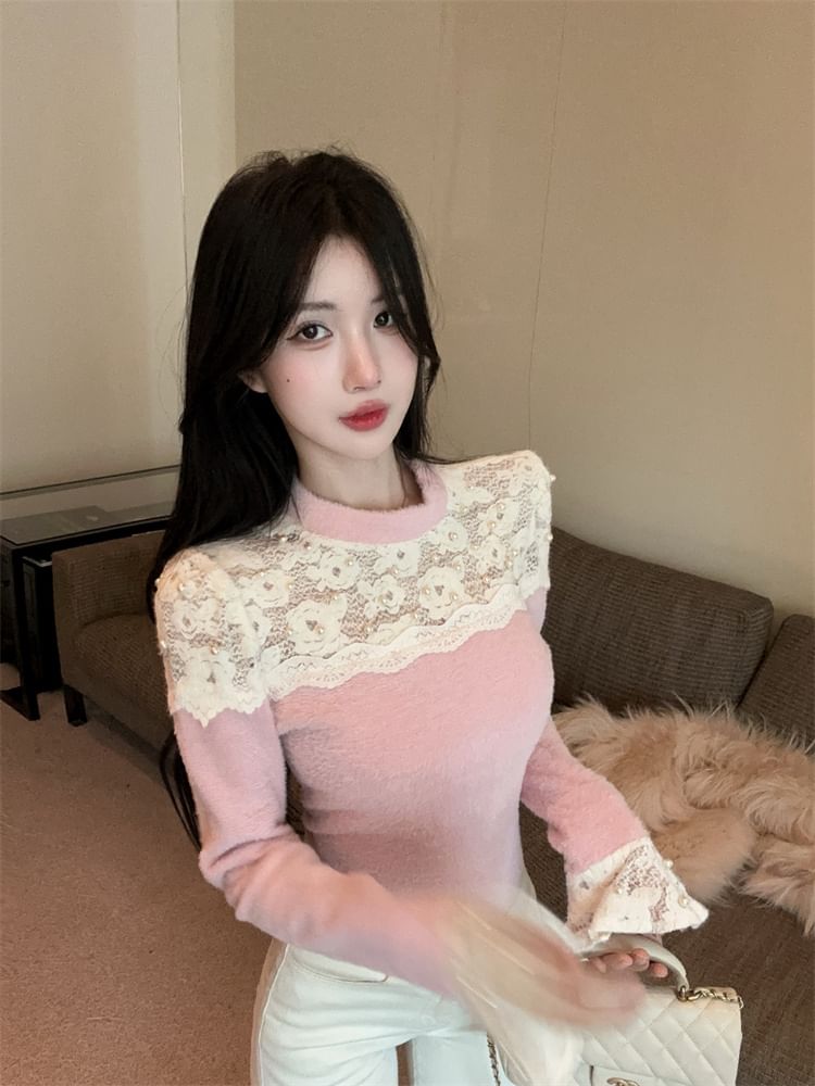 Mock Neck Long Sleeve Beaded Lace Knit Top