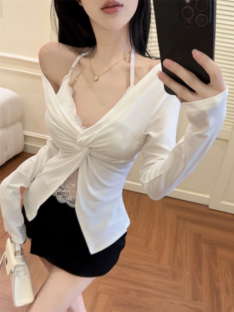 Cold Shoulder Long Sleeve Mock Two-Piece Slit Lace Top