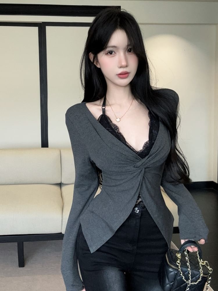 Cold Shoulder Long Sleeve Mock Two-Piece Slit Lace Top