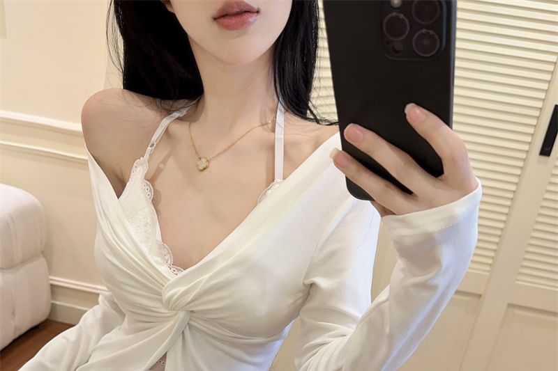 Cold Shoulder Long Sleeve Mock Two-Piece Slit Lace Top