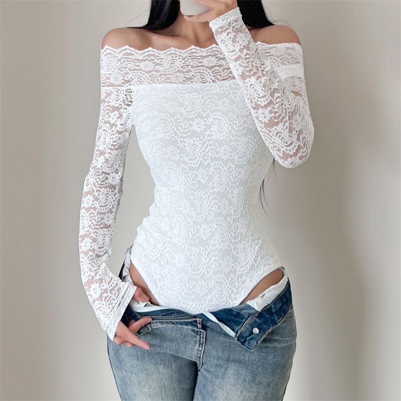 Long Sleeve Lace Panel Bodysuit Top
