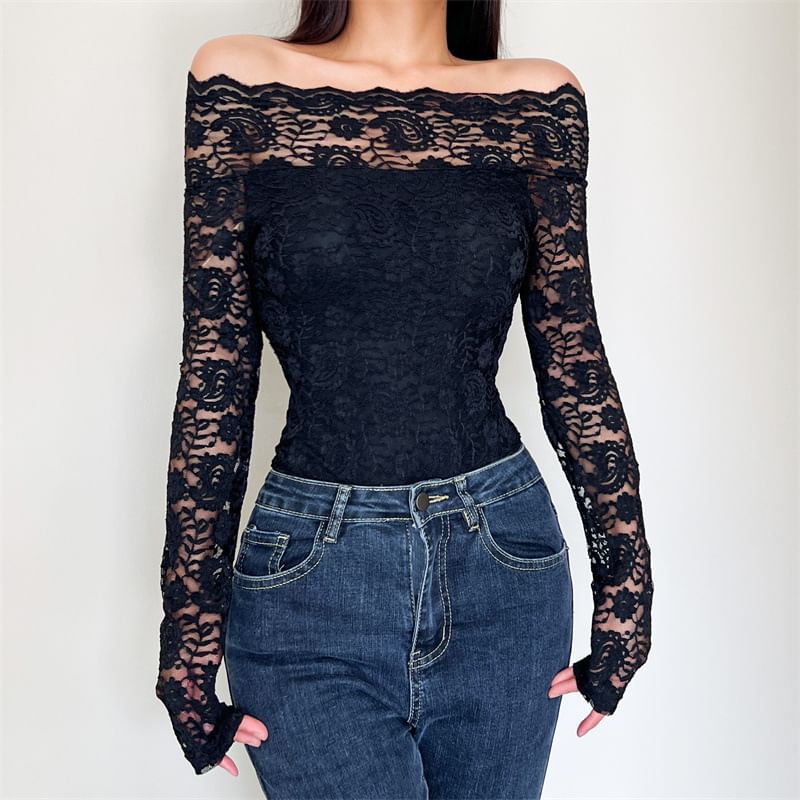 Long Sleeve Lace Panel Bodysuit Top