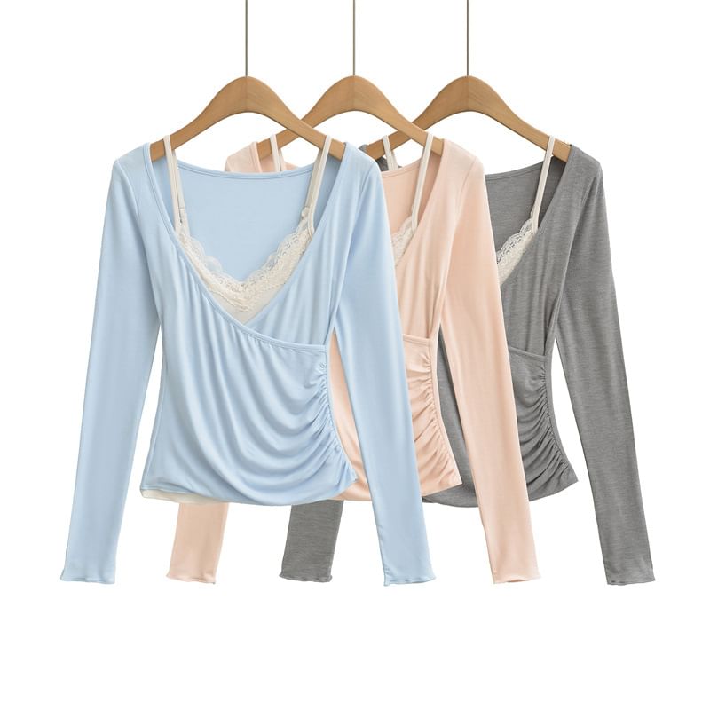 Set: V-Neck Ruched Wrap Top with Lace Cami Top
