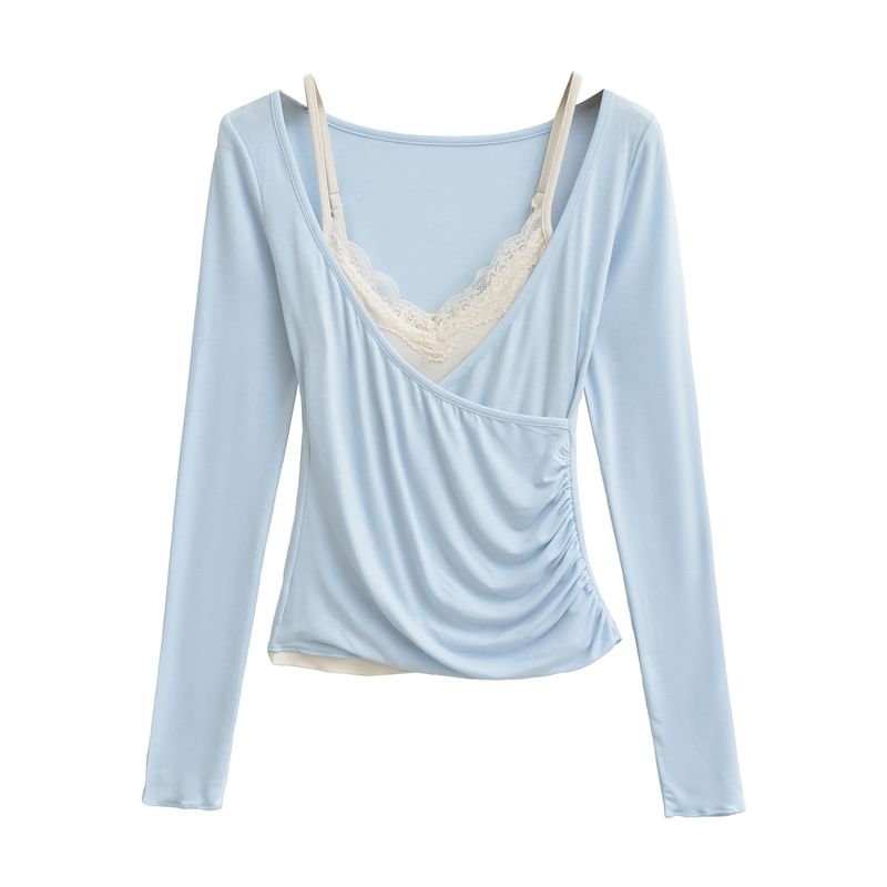 Set: V-Neck Ruched Wrap Top with Lace Cami Top