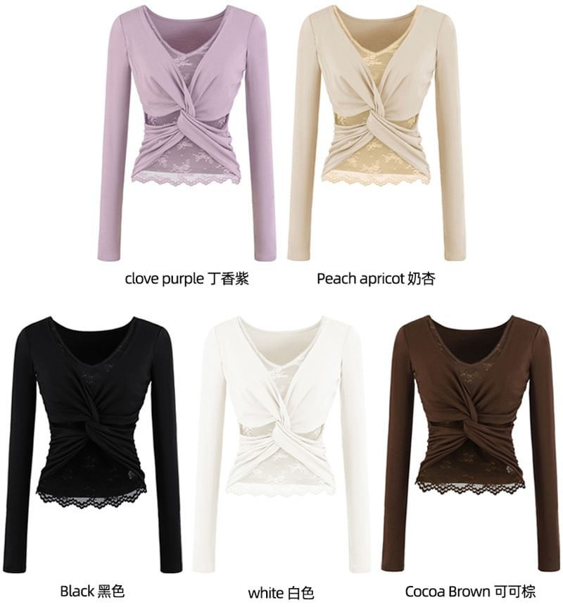 V-Neck Ruched Two-Piece Lace Panel Top