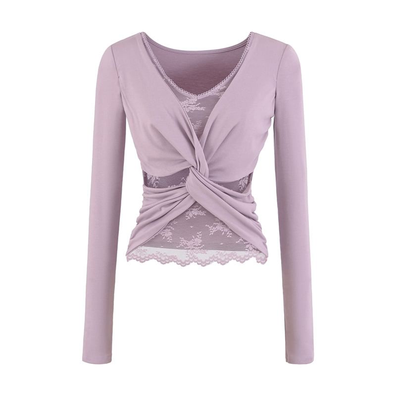 V-Neck Ruched Two-Piece Lace Panel Top