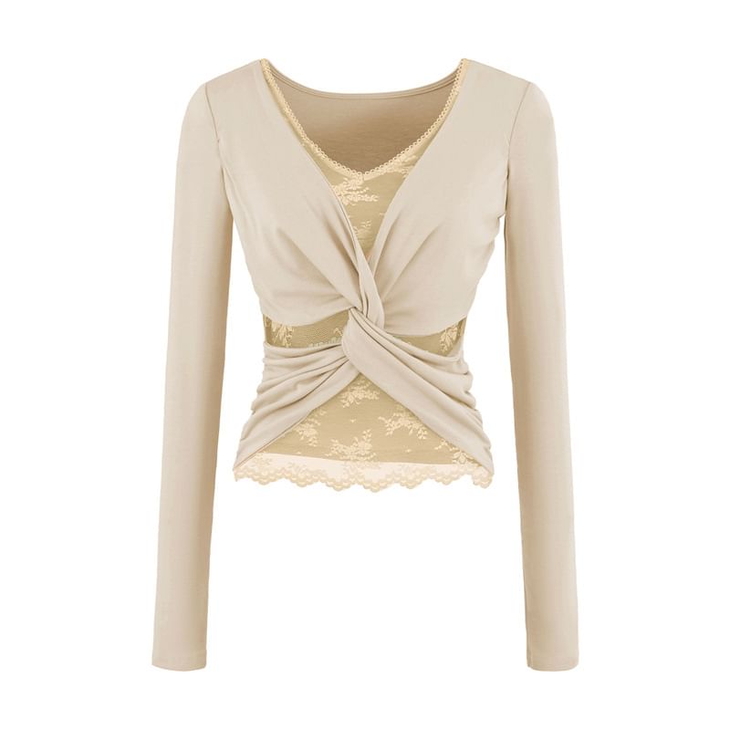 V-Neck Ruched Two-Piece Lace Panel Top