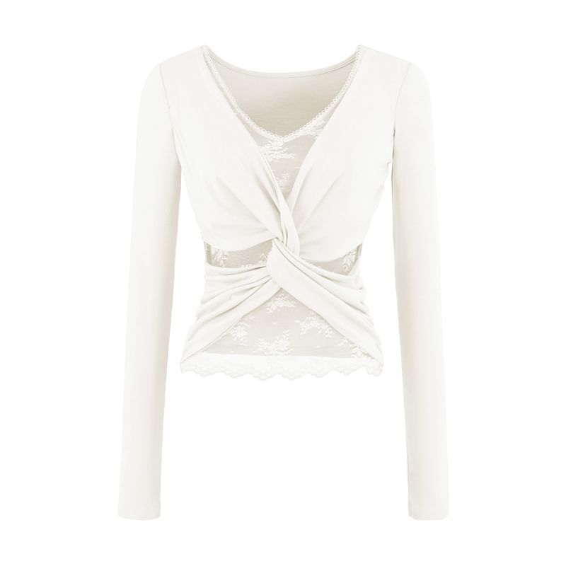 V-Neck Ruched Two-Piece Lace Panel Top