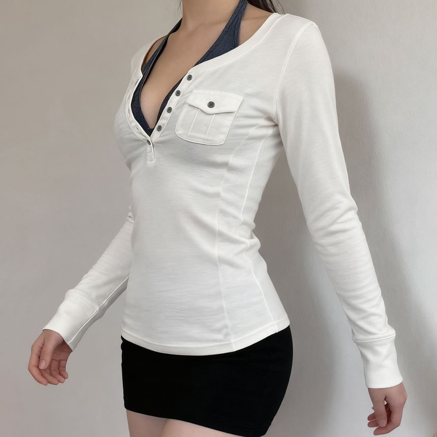 Mock Two-Piece Half-Buttoned Long-Sleeve Top
