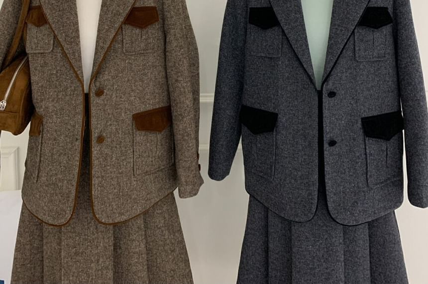 Button-Up Plain Blazer / High Rise Maxi A-Line Skirt