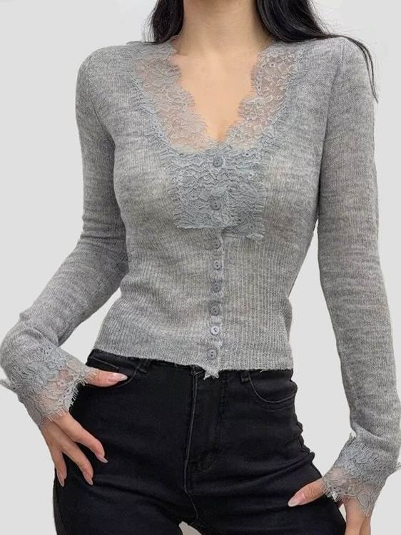Long Sleeve V-Neck Lace Ribbed Button Knit Top
