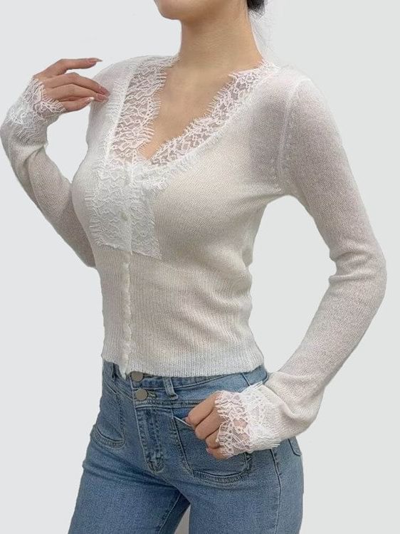 Long Sleeve V-Neck Lace Ribbed Button Knit Top