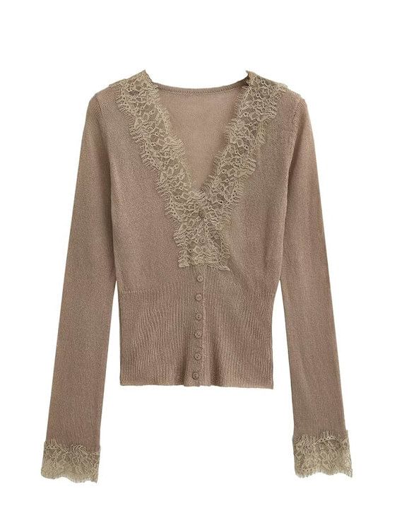 Long Sleeve V-Neck Lace Ribbed Button Knit Top