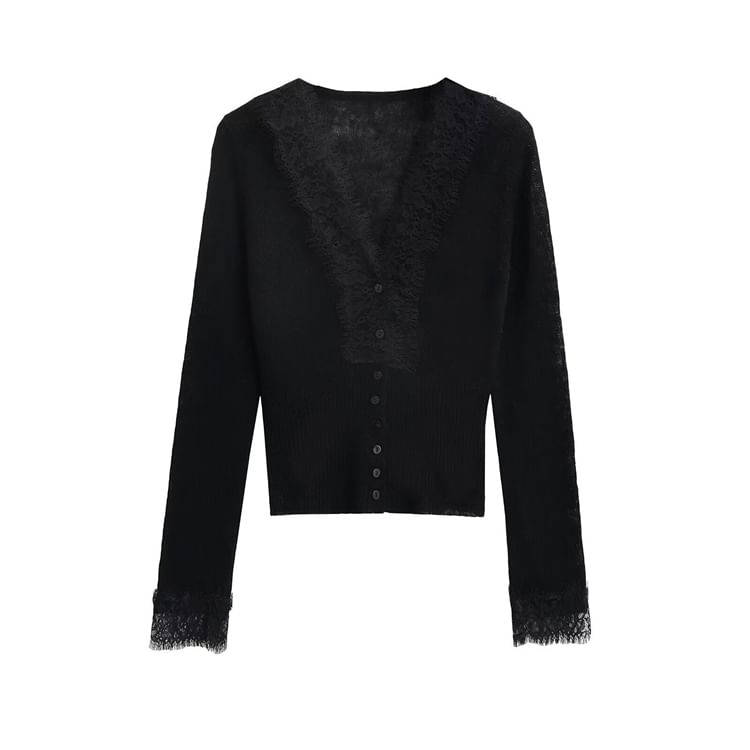 Long Sleeve V-Neck Lace Ribbed Button Knit Top