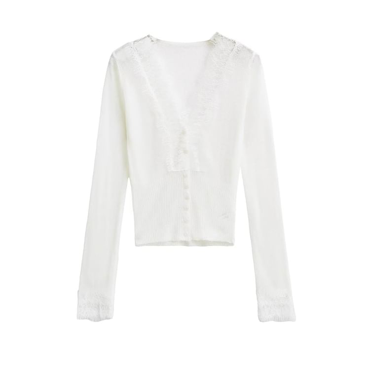 Long Sleeve V-Neck Lace Ribbed Button Knit Top