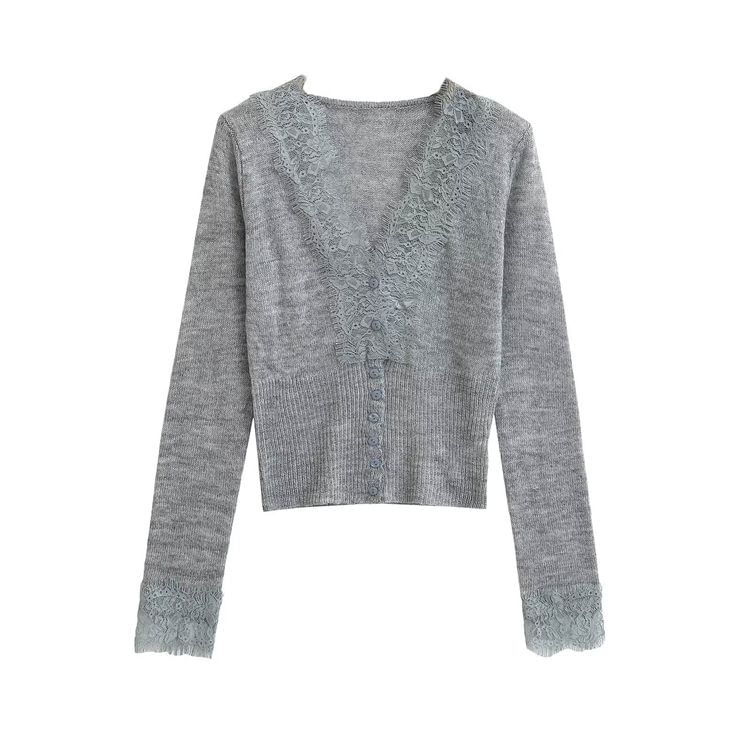 Long Sleeve V-Neck Lace Ribbed Button Knit Top