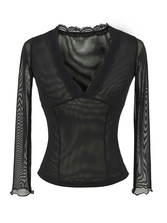 Long Sleeve V-Neck Lace Mesh Slim Fit Top