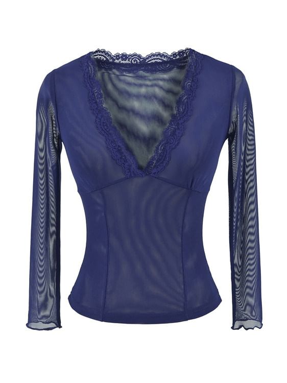 Long Sleeve V-Neck Lace Mesh Slim Fit Top