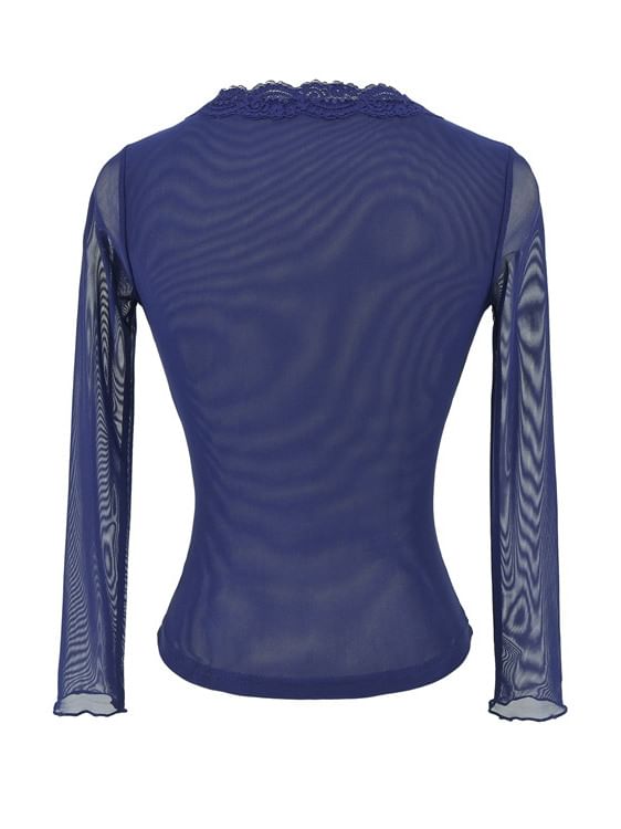 Long Sleeve V-Neck Lace Mesh Slim Fit Top