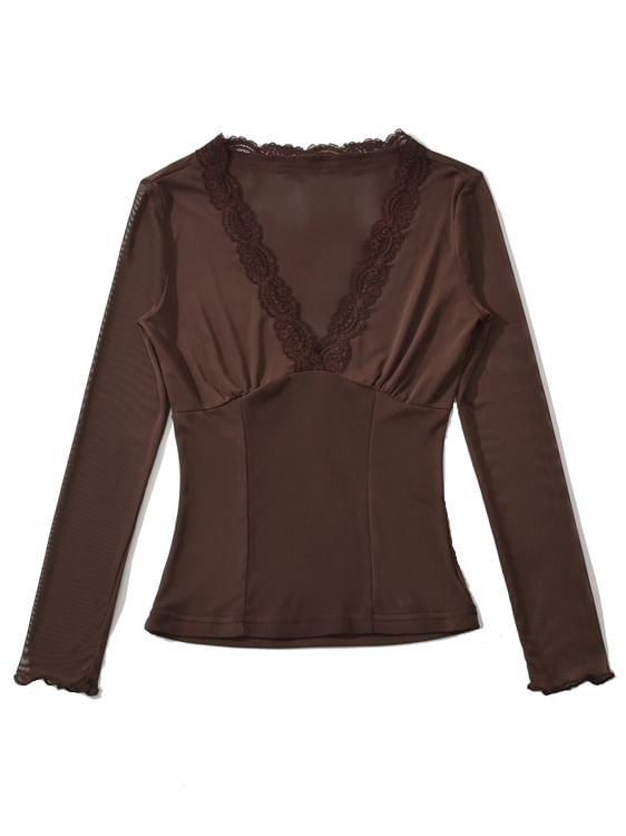 Long Sleeve V-Neck Lace Mesh Slim Fit Top
