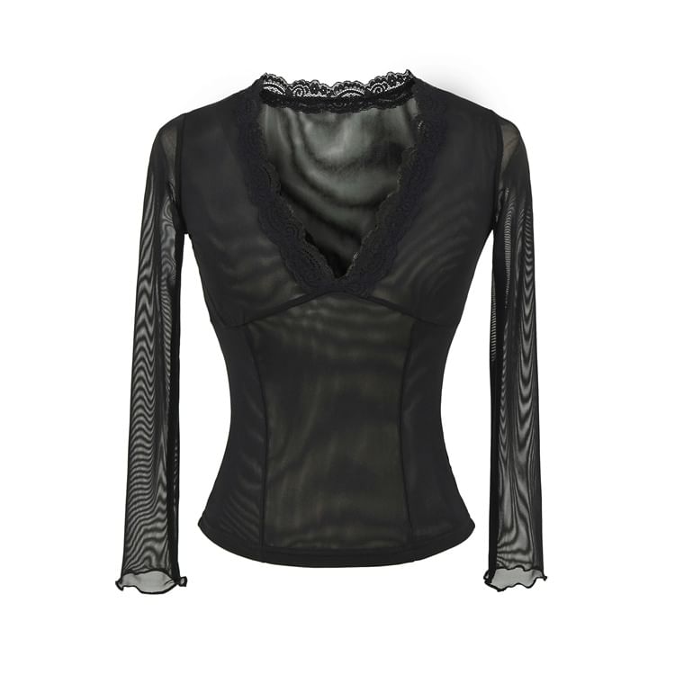 Long Sleeve V-Neck Lace Mesh Slim Fit Top