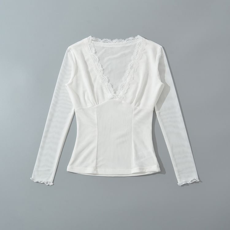 Long Sleeve V-Neck Lace Mesh Slim Fit Top