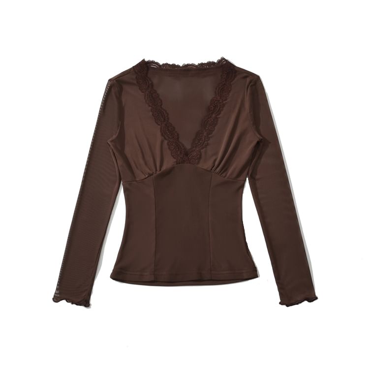 Long Sleeve V-Neck Lace Mesh Slim Fit Top