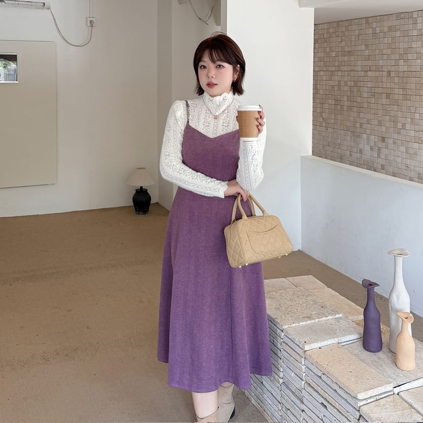 Set: Turtleneck Lace Top + Spaghetti Strap Midi A-Line Dress