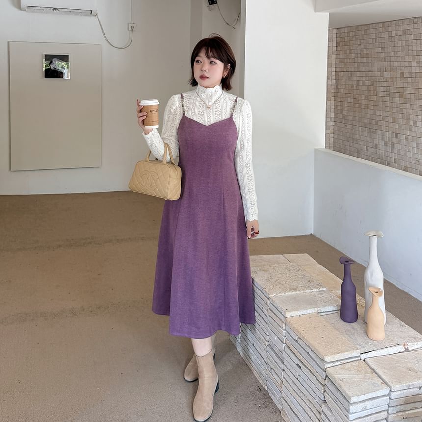 Set: Turtleneck Lace Top + Spaghetti Strap Midi A-Line Dress