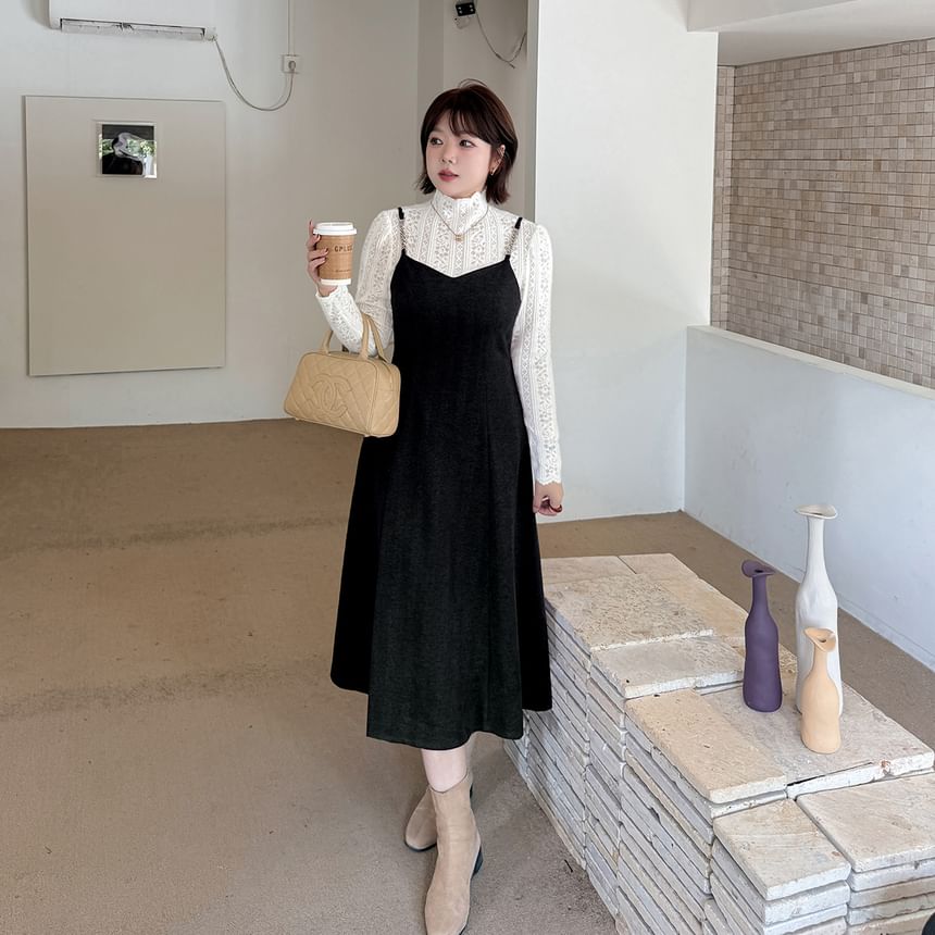 Set: Turtleneck Lace Top + Spaghetti Strap Midi A-Line Dress