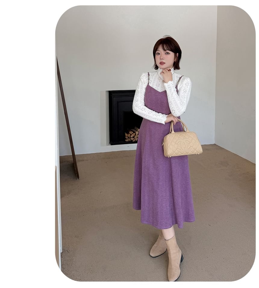 Set: Turtleneck Lace Top + Spaghetti Strap Midi A-Line Dress