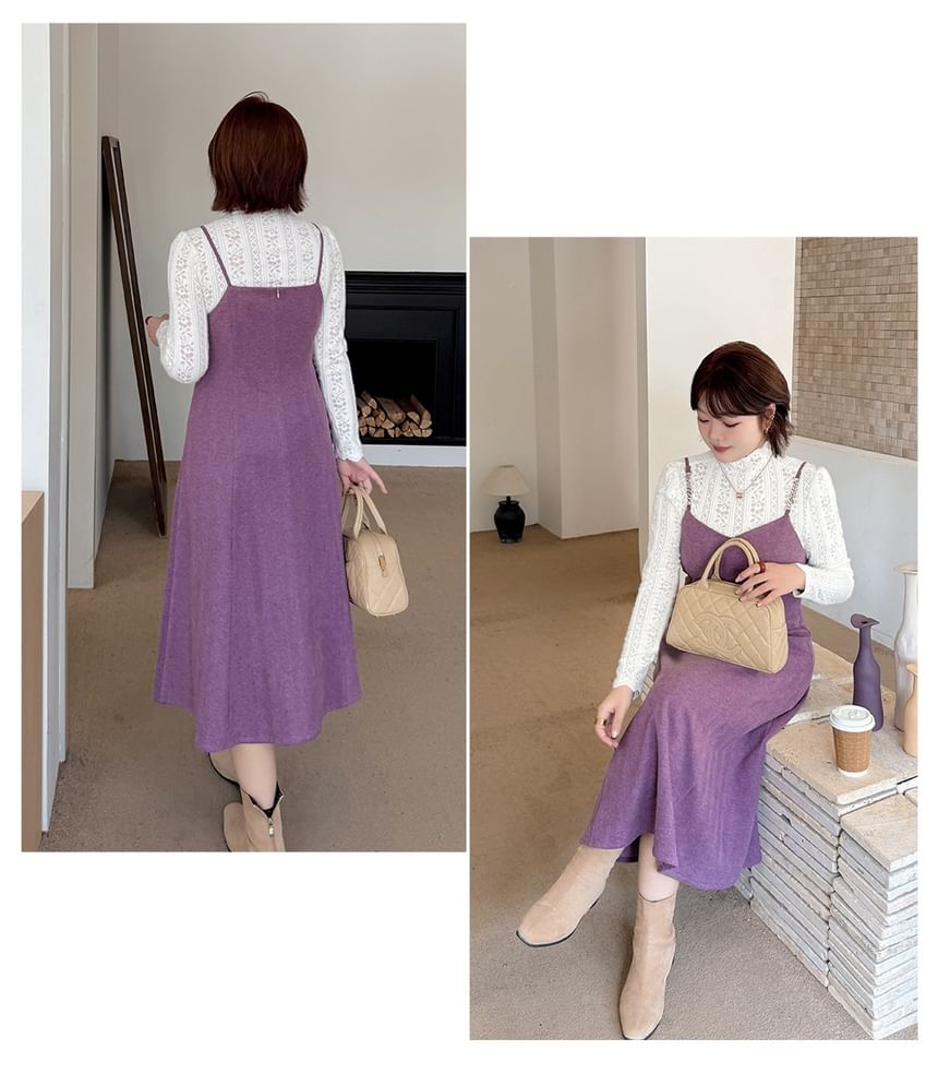 Set: Turtleneck Lace Top + Spaghetti Strap Midi A-Line Dress