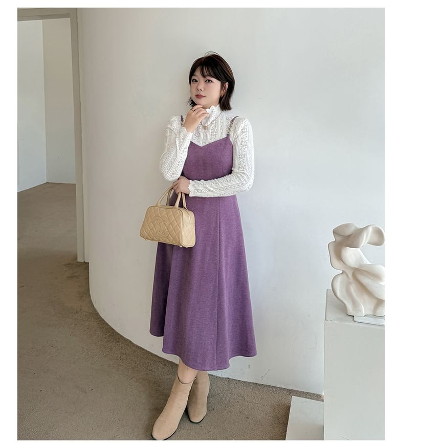 Set: Turtleneck Lace Top + Spaghetti Strap Midi A-Line Dress