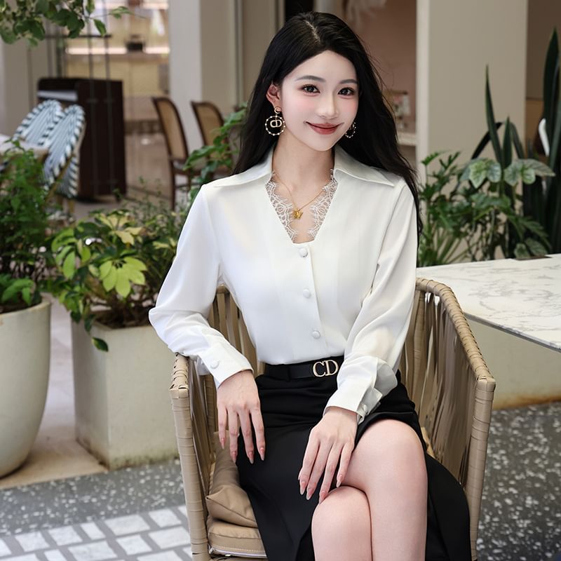Long Sleeve Lace Button-Up Shirt with High Waist Midi Pencil Skirt Set