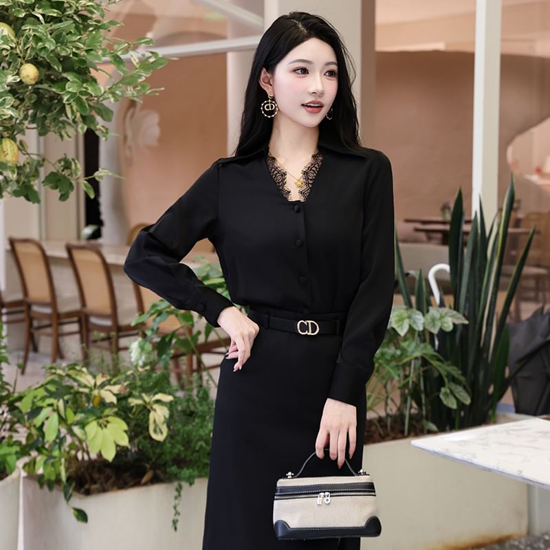 Long Sleeve Lace Button-Up Shirt with High Waist Midi Pencil Skirt Set