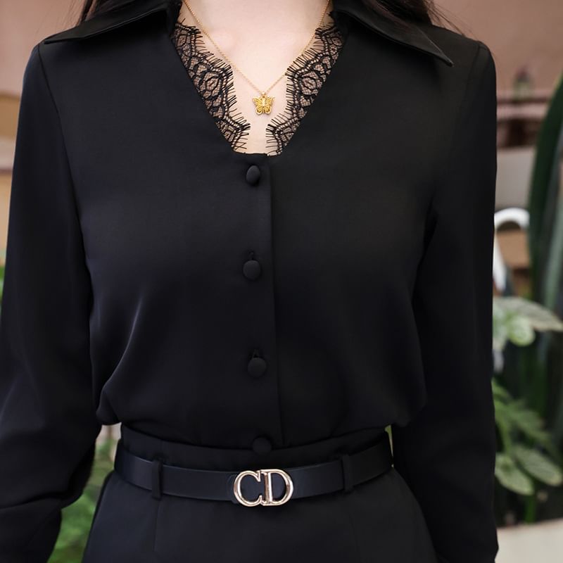 Long Sleeve Lace Button-Up Shirt with High Waist Midi Pencil Skirt Set
