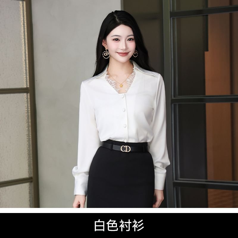 Long Sleeve Lace Button-Up Shirt with High Waist Midi Pencil Skirt Set