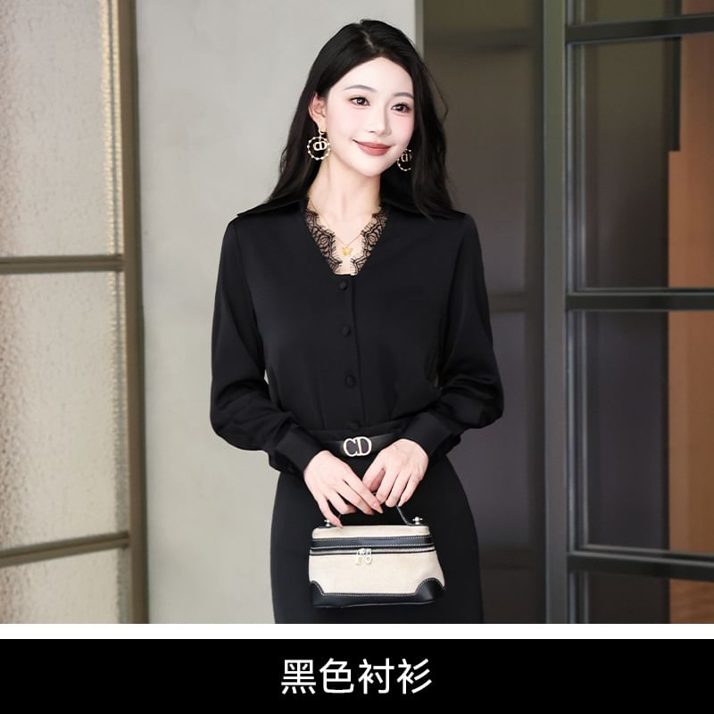 Long Sleeve Lace Button-Up Shirt with High Waist Midi Pencil Skirt Set