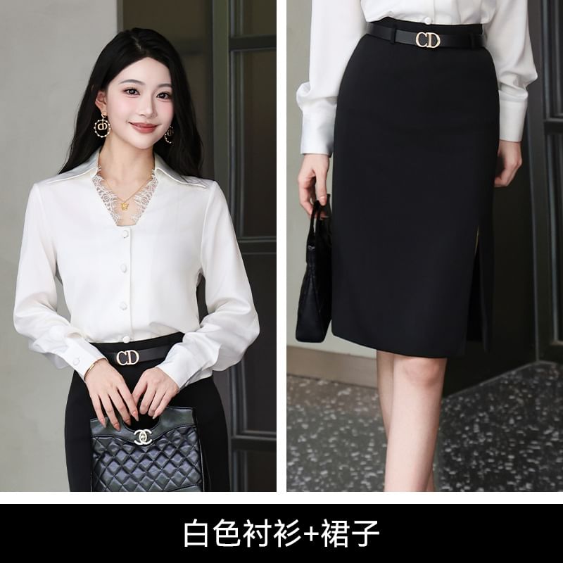 Long Sleeve Lace Button-Up Shirt with High Waist Midi Pencil Skirt Set
