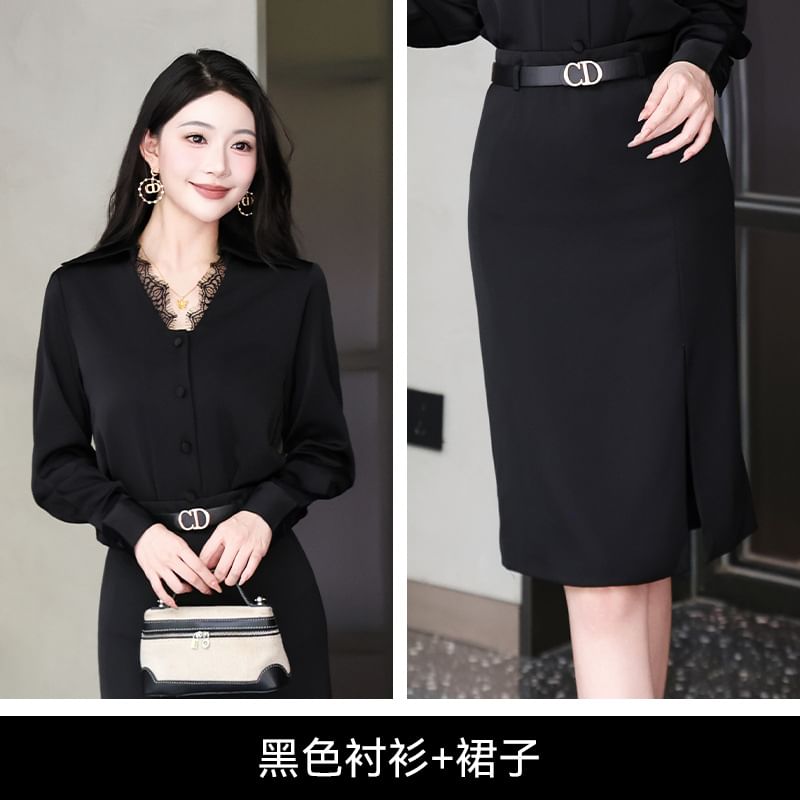 Long Sleeve Lace Button-Up Shirt with High Waist Midi Pencil Skirt Set