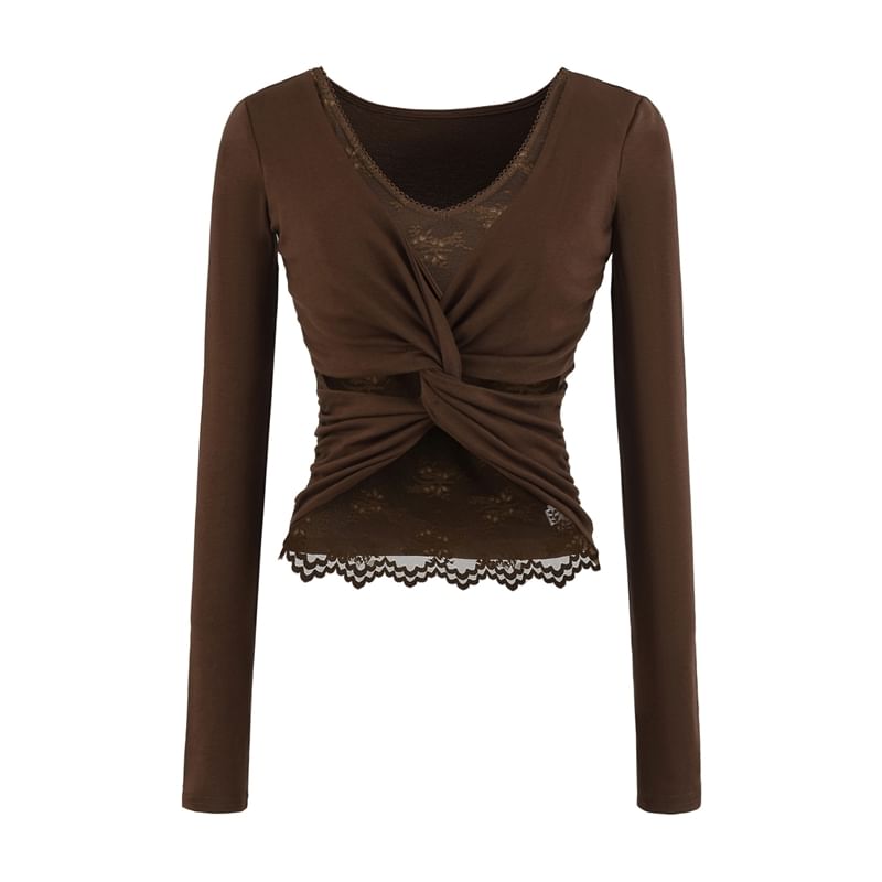 Mock Two-Piece V-Neck Ruched Top with Lace Panel