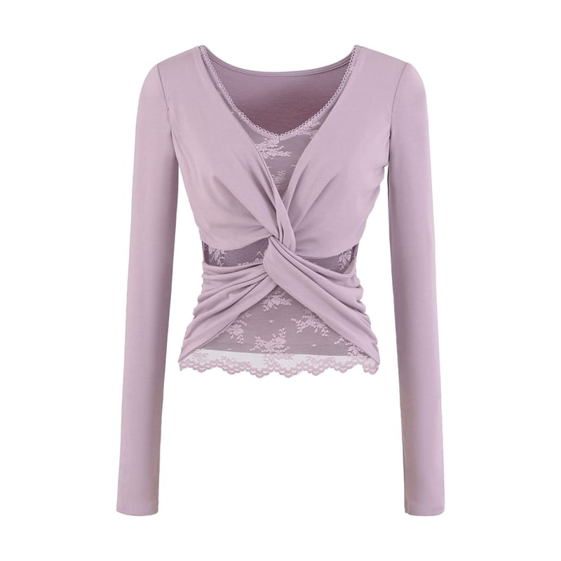 Mock Two-Piece V-Neck Ruched Top with Lace Panel