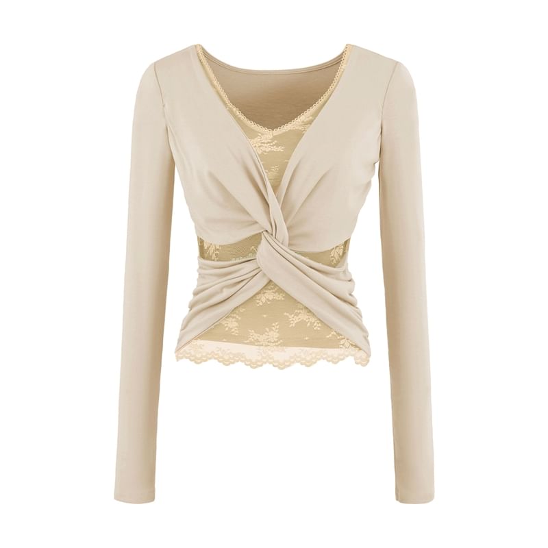 Mock Two-Piece V-Neck Ruched Top with Lace Panel