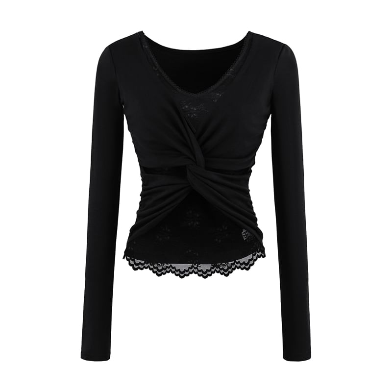 Mock Two-Piece V-Neck Ruched Top with Lace Panel