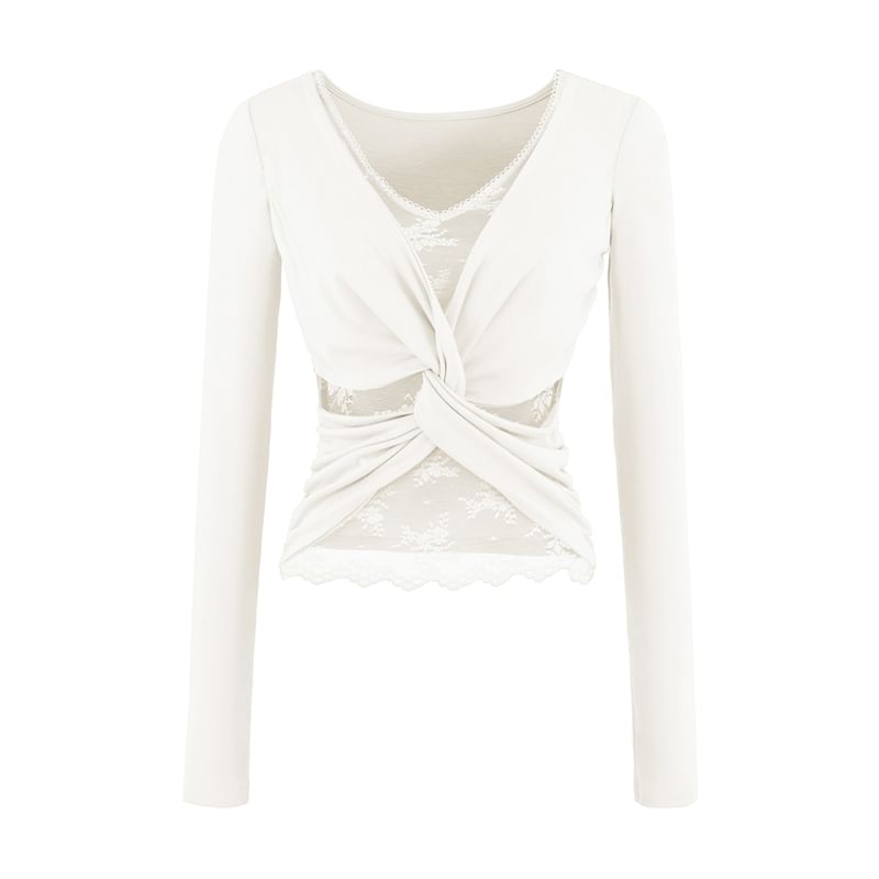 Mock Two-Piece V-Neck Ruched Top with Lace Panel